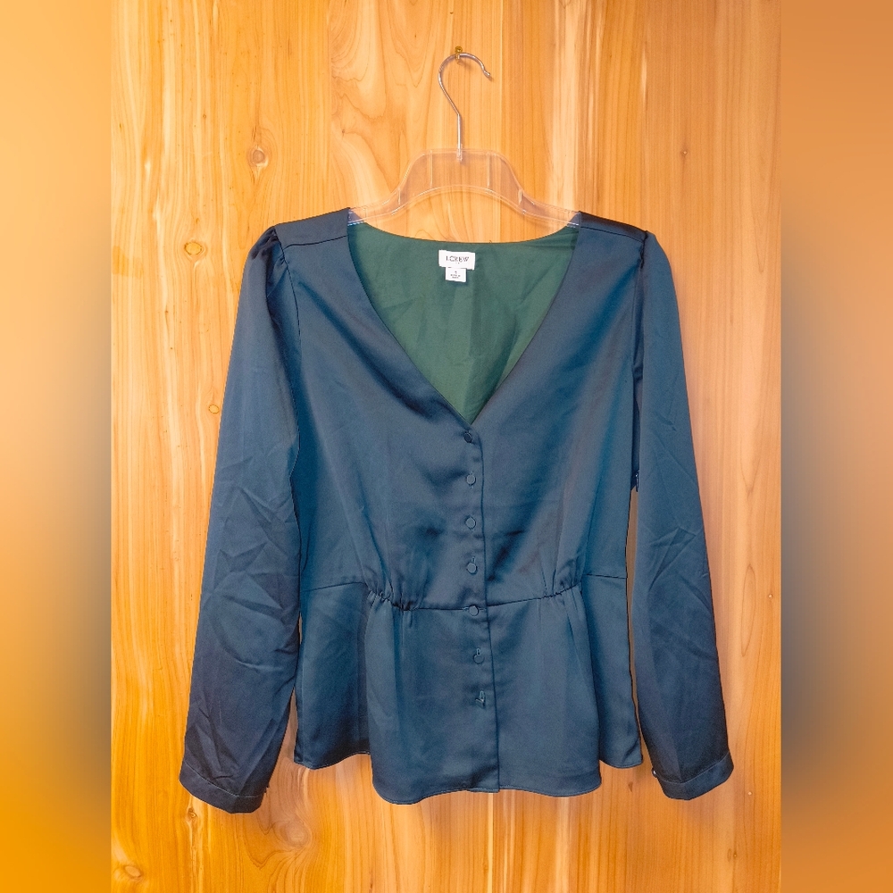 J. Crew Green Long Sleeve Satin Top, Size 6